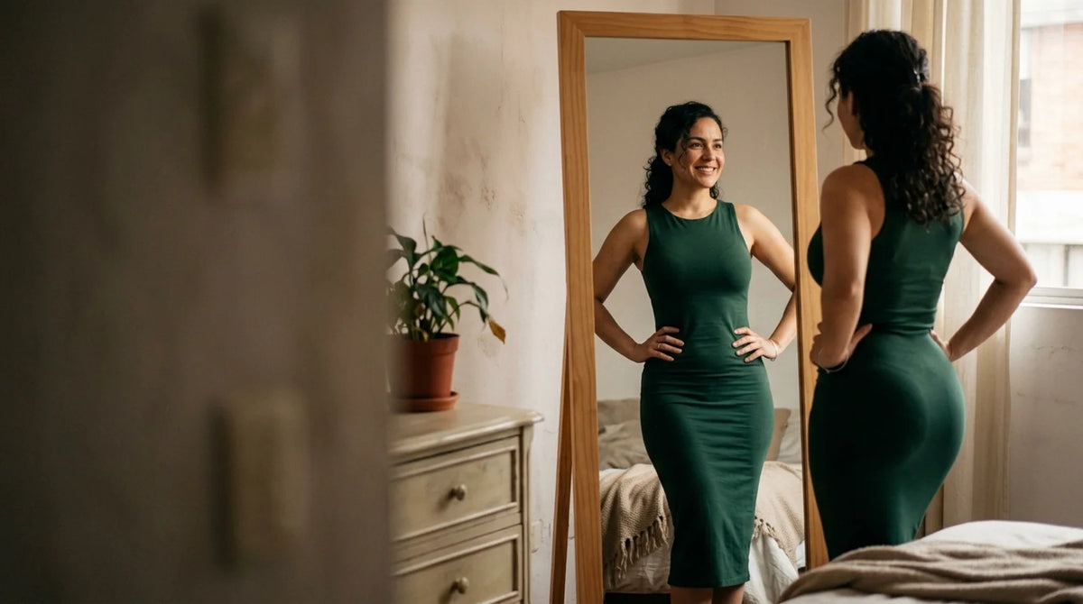 Mujer confiada mirándose al espejo con un vestido ajustado
